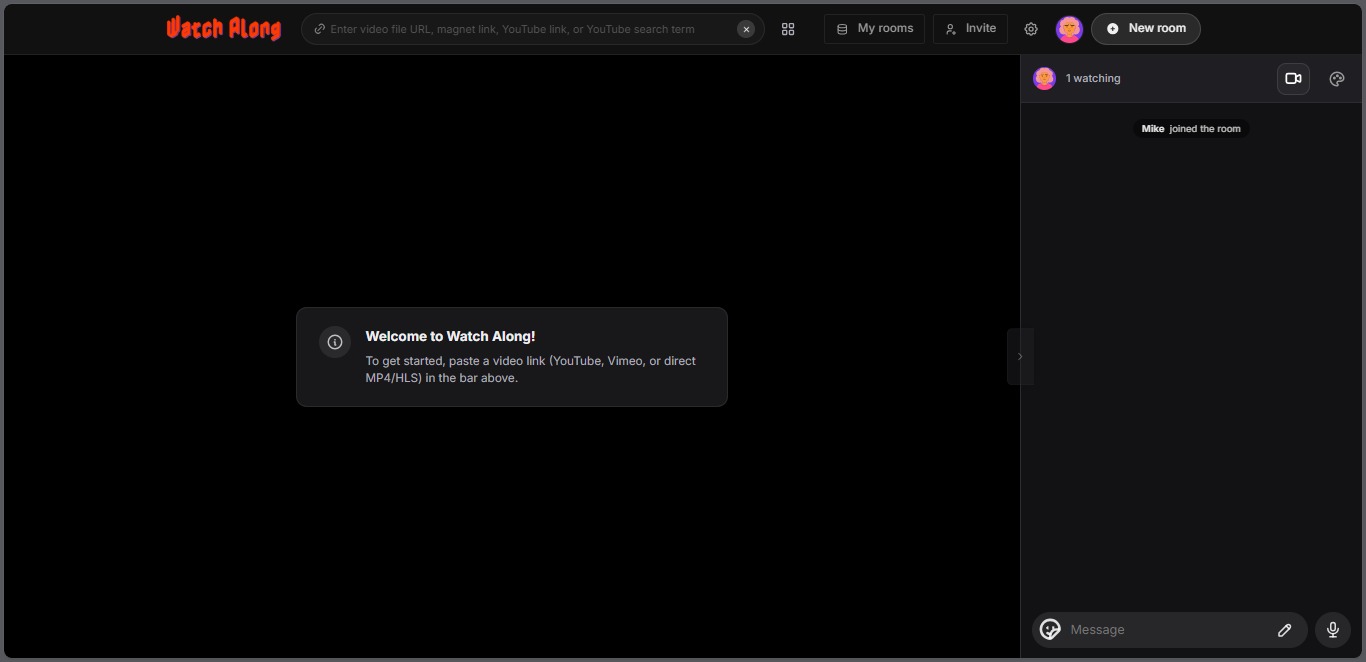 WatchAlong.me main watch party room interface with video playback and live chat